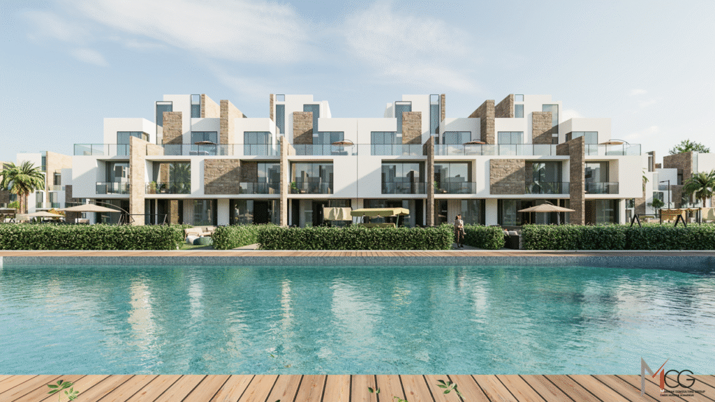 Long Beach Hurghada project with private beach, pools, and resort-style facilities.