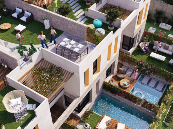 Modern apartments in Hurghada with private pools, terraces, and palm trees – Lazuli Hurghada by Rekaz Developments.