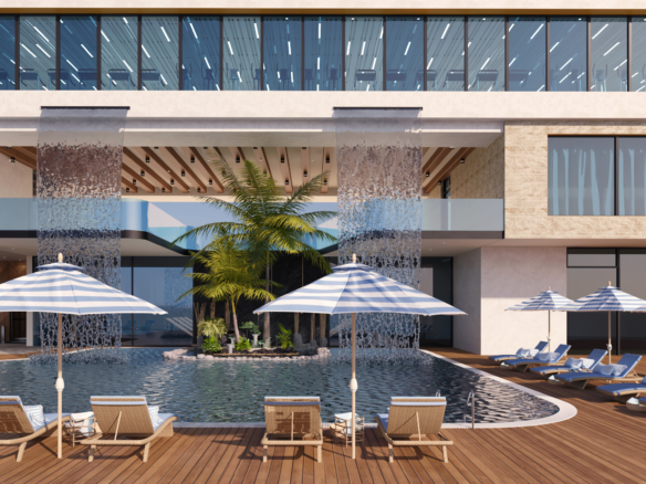 The front façade of Lazuli showcases contemporary architecture blended with refined coastal elegance.