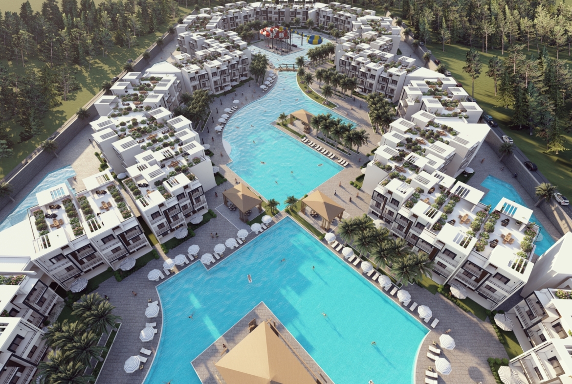 Stylish residential buildings in Holidays Park surrounded by landscaped gardens