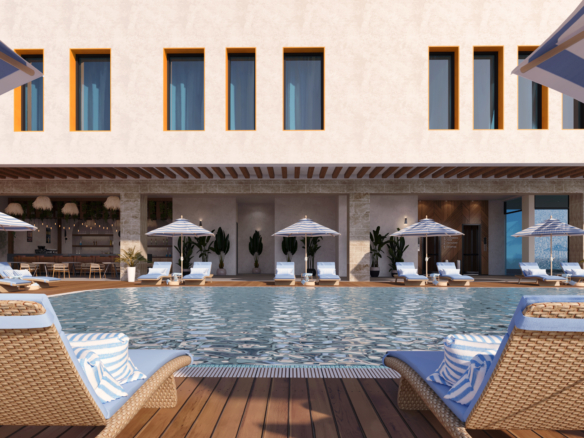 The front façade of Lazuli showcases contemporary architecture blended with refined coastal elegance.