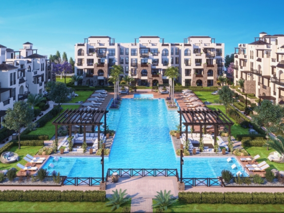 Aerial view of Cala Sahl Hasheesh resort near the Red Sea coast.