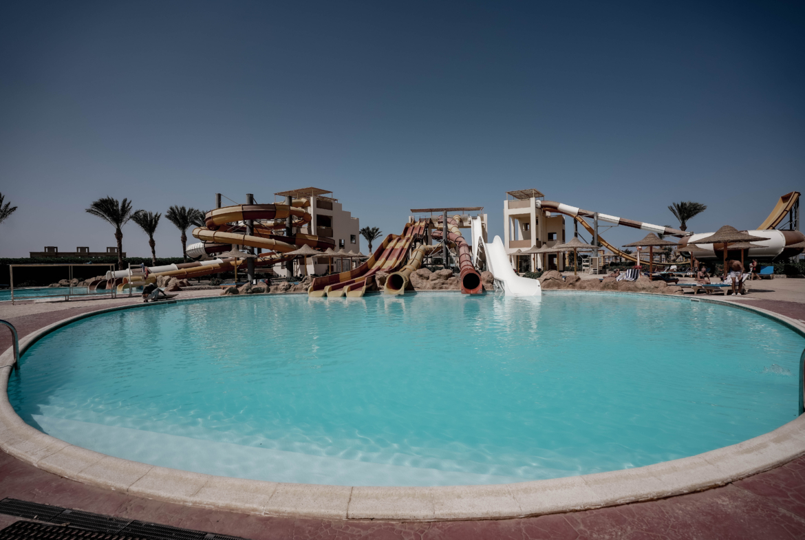 Guests enjoying sunbeds near pools with beachfront scenery and palm trees.