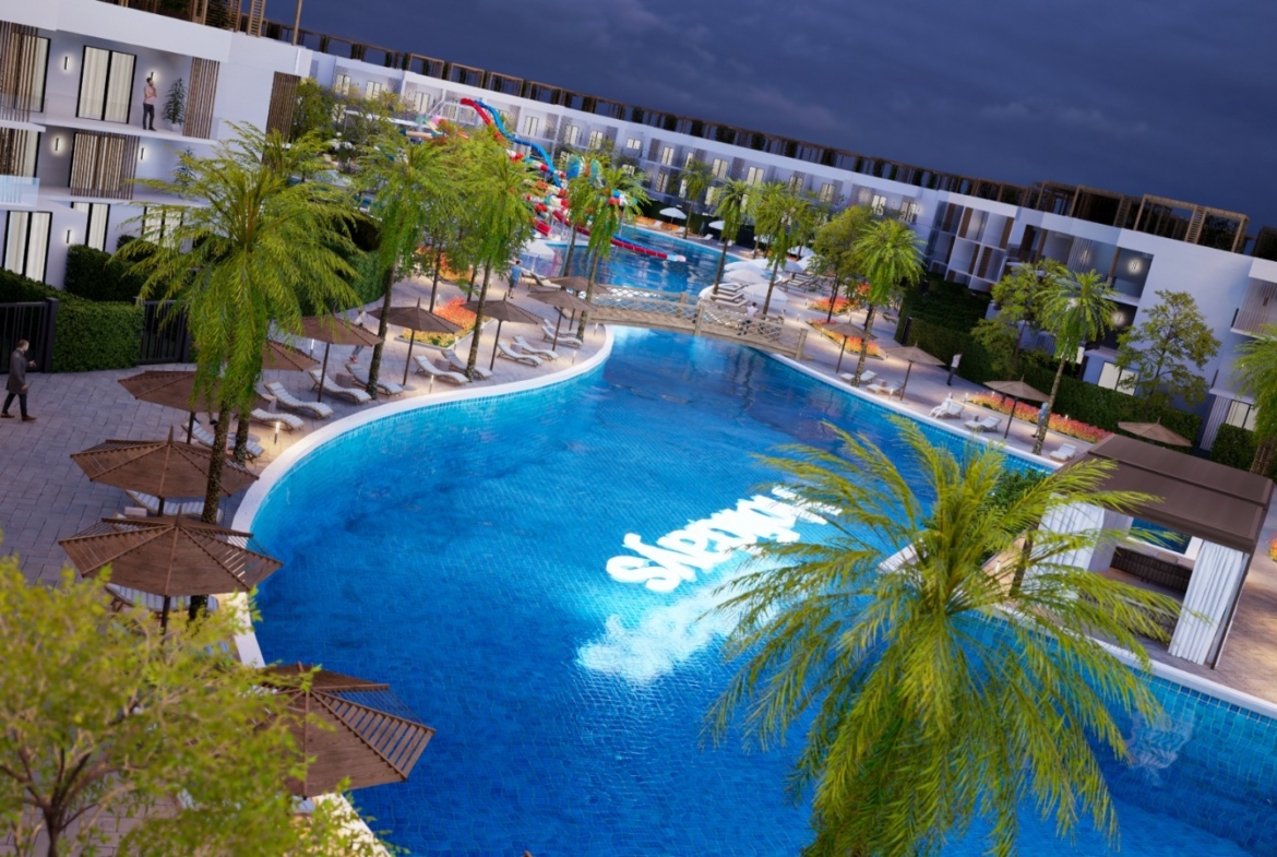 Aerial view of Holidays Park resort showcasing aqua park and leisure areas