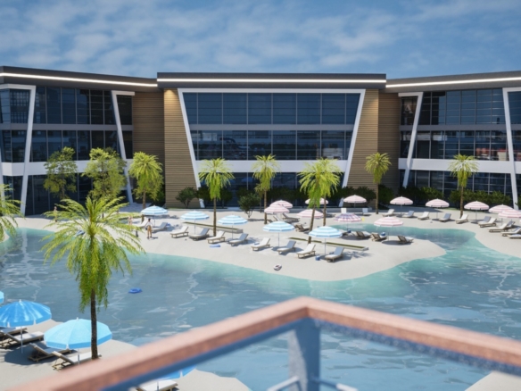 The front façade of Holidays Park blends contemporary architecture with the charm of a luxurious resort lifestyle.