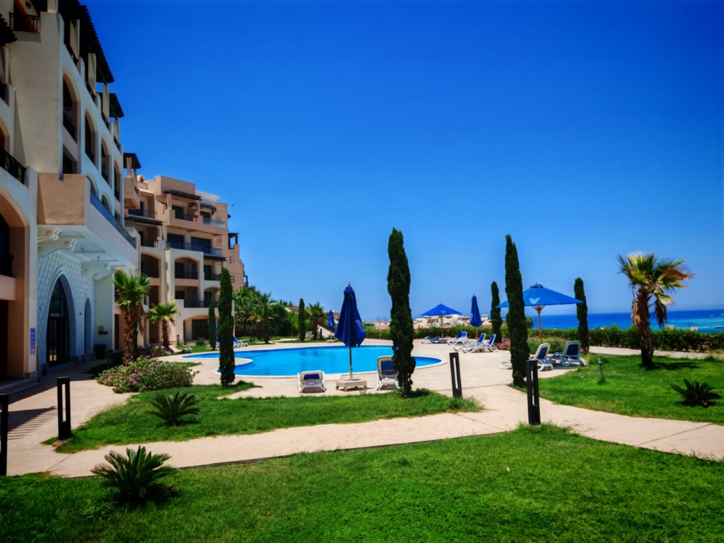 Beachfront apartments The View Hurghada overlooking the Red Sea with modern architecture and sea-view balconies.