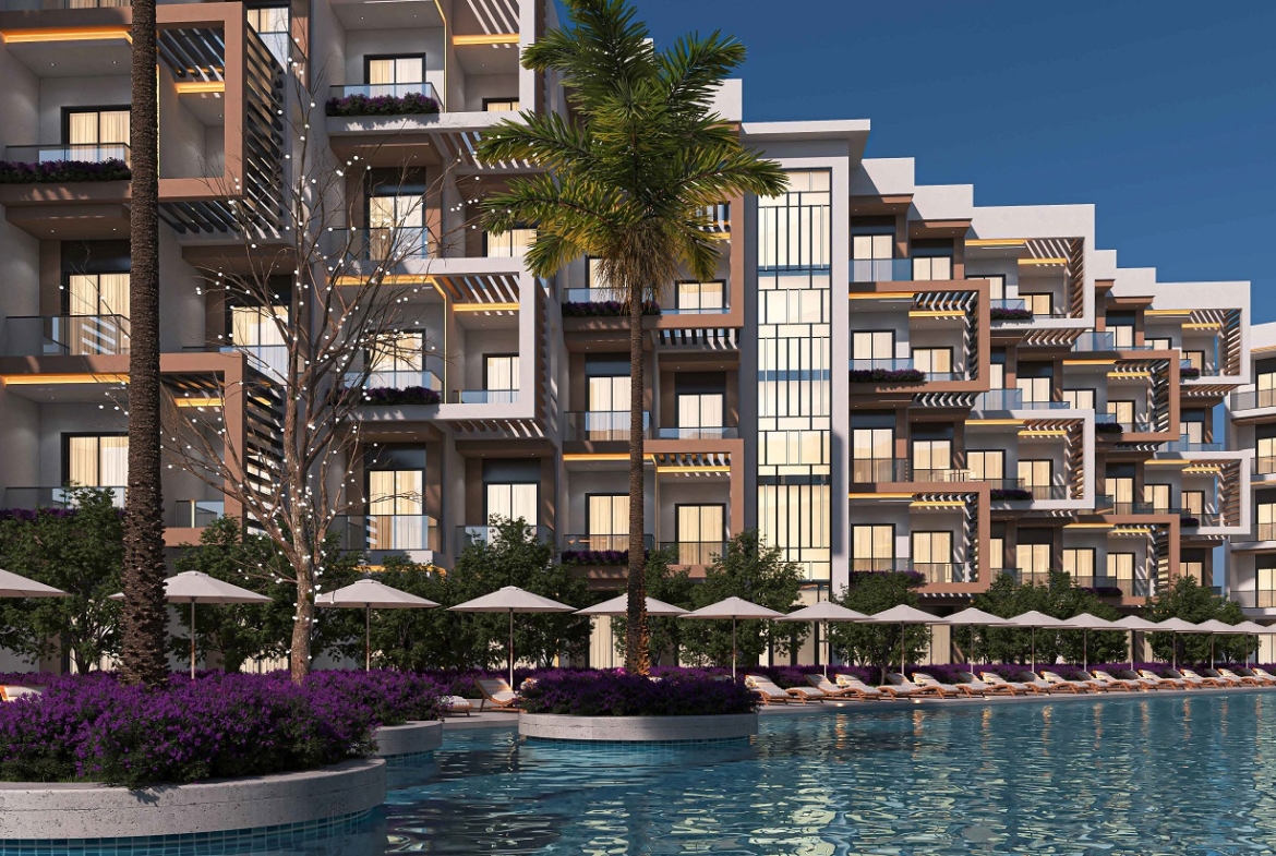 Modern beachfront residential buildings at Bella Bay Hurghada overlooking the Red Sea in Hurghada