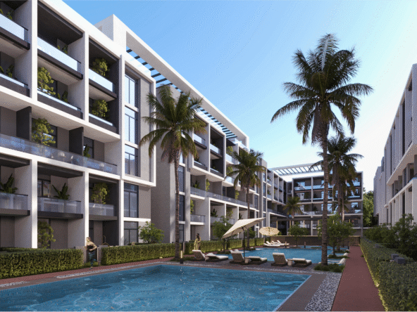 1 bedroom apartment for sale in Clan Residents Hurghada with back view and modern residential design