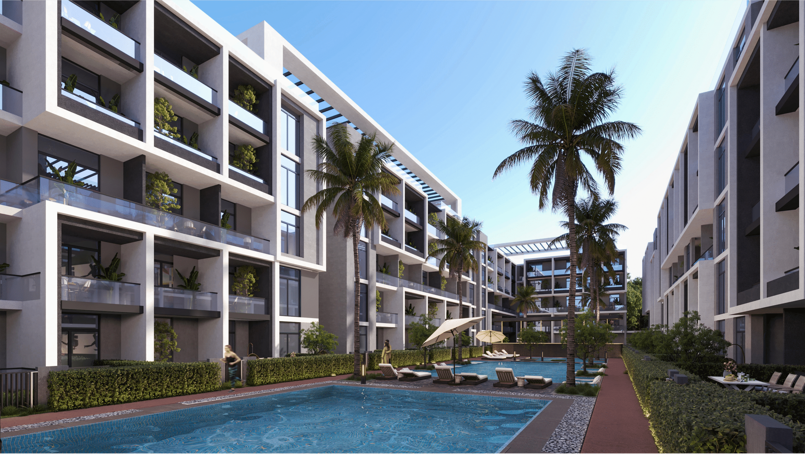 1 bedroom apartment for sale in Clan Residents Hurghada with back view and modern residential design