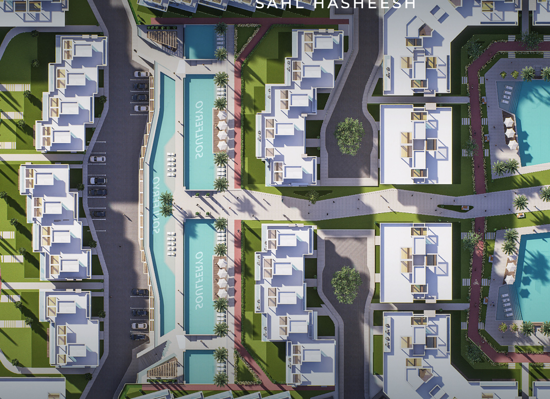 Aerial view of Soulferyo Sahl Hasheesh luxury resort overlooking the Red Sea and landscaped green areas
