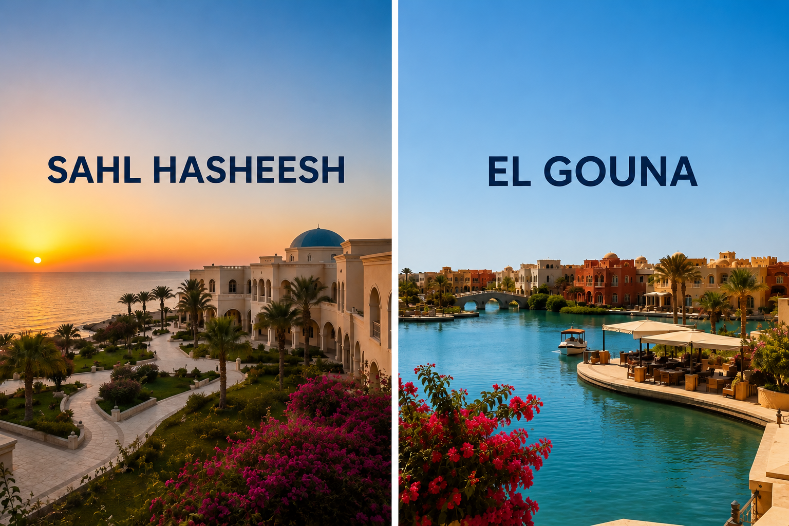 El Gouna vs Sahl Hasheesh comparison showing Egypt’s Red Sea resorts with beaches, lagoons, and luxury tourism developments