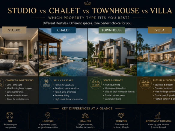 Studio vs Chalet vs Townhouse vs Villa – modern real estate comparison of property types showing different lifestyles, sizes, and investment options for buyers.
