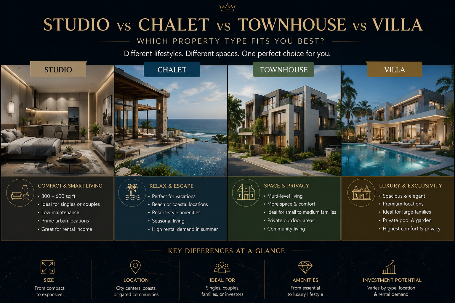 Studio vs Chalet vs Townhouse vs Villa – modern real estate comparison of property types showing different lifestyles, sizes, and investment options for buyers.