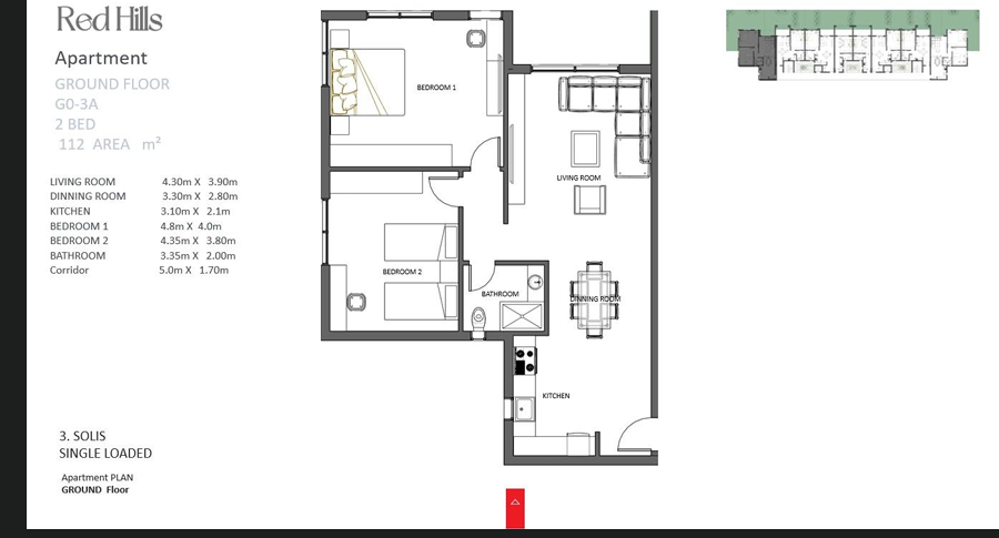 2-bedroom layout at Red Hills Sahl Hasheesh showing two bedrooms, modern living room, kitchen area, and bathroom layout