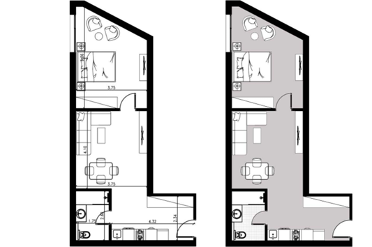 Modern 1 bedroom layout at Riva Beachfront Hurghada featuring a separate bedroom, living area, kitchen, and bathroom with natural light