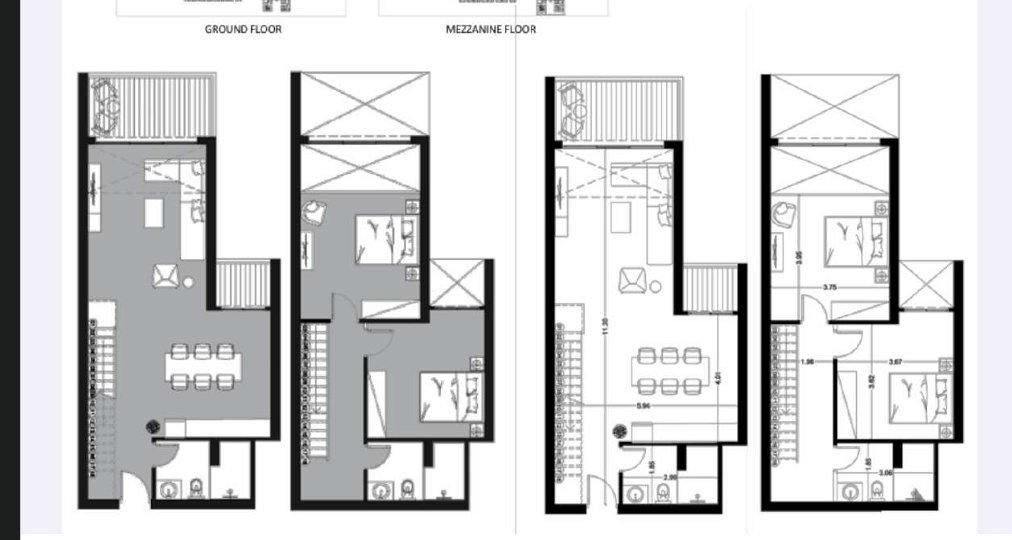 Modern 2 bedroom duplex layout at Riva Beachfront Hurghada featuring two levels with bedrooms, living area, kitchen, and bathrooms in a beachfront setting