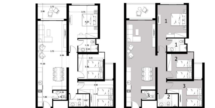 Spacious 3 bedroom layout at Riva Beachfront Hurghada featuring multiple bedrooms, living area, kitchen, and bathrooms in a modern beachfront design