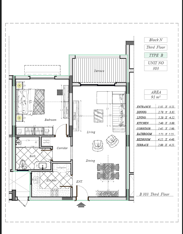 1-bedroom layout at The View Residence Hurghada showing modern bedroom, living area, kitchen, and bathroom layout design