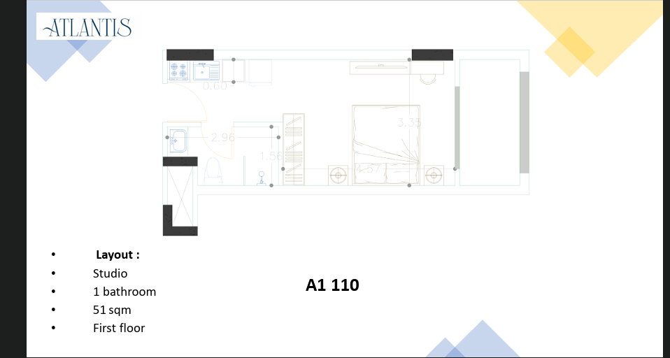 Modern studio layout at Atlantis Resort Hurghada featuring an open-plan living space with kitchen, sleeping area, and bathroom
