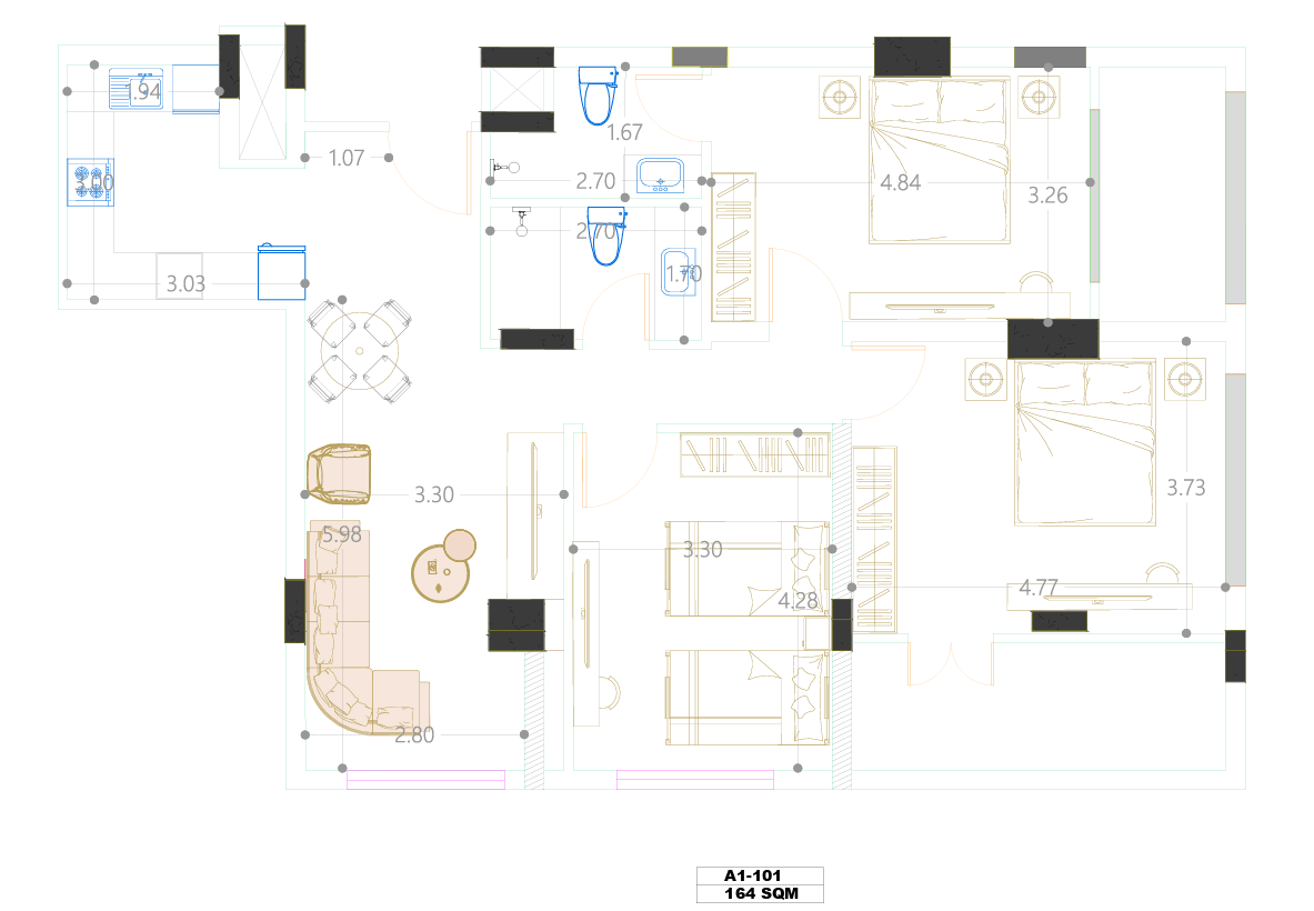 Spacious 3 bedroom layout at Atlantis Resort Hurghada featuring multiple bedrooms, living area, kitchen, and bathrooms in a modern resort setting