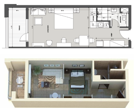 Studio layout at Aldau Heights Hurghada showing modern compact design and efficient living space