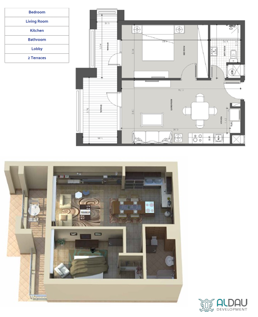 1 bedroom layout at Aldau Heights Hurghada showing modern apartment design with bedroom, living area, and kitchen space
