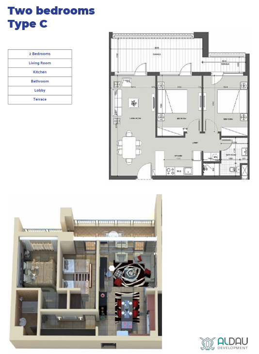 2 bedroom layout at Aldau Heights Hurghada showing spacious modern apartment design with two bedrooms, living area, and kitchen