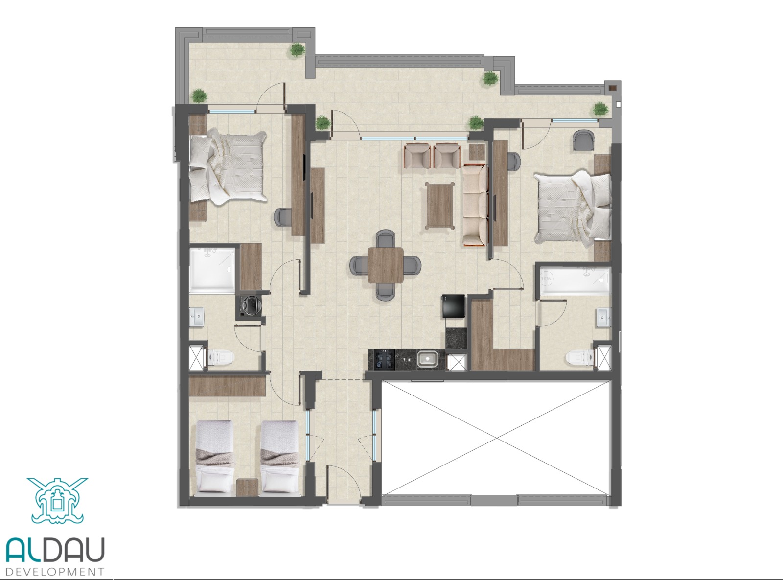 3 bedroom layout at Aldau Heights Hurghada showing large modern apartment design with three bedrooms, living area, kitchen, and dining space