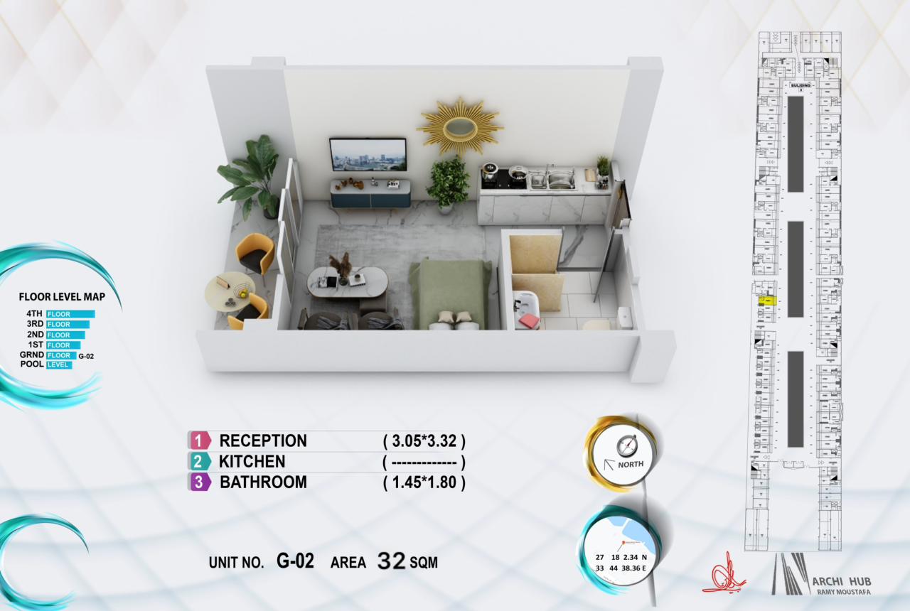 Modern studio layout at Hurghada Heights featuring an open-plan living space with kitchen, sleeping area, and bathroom in El Mamsha Hurghada