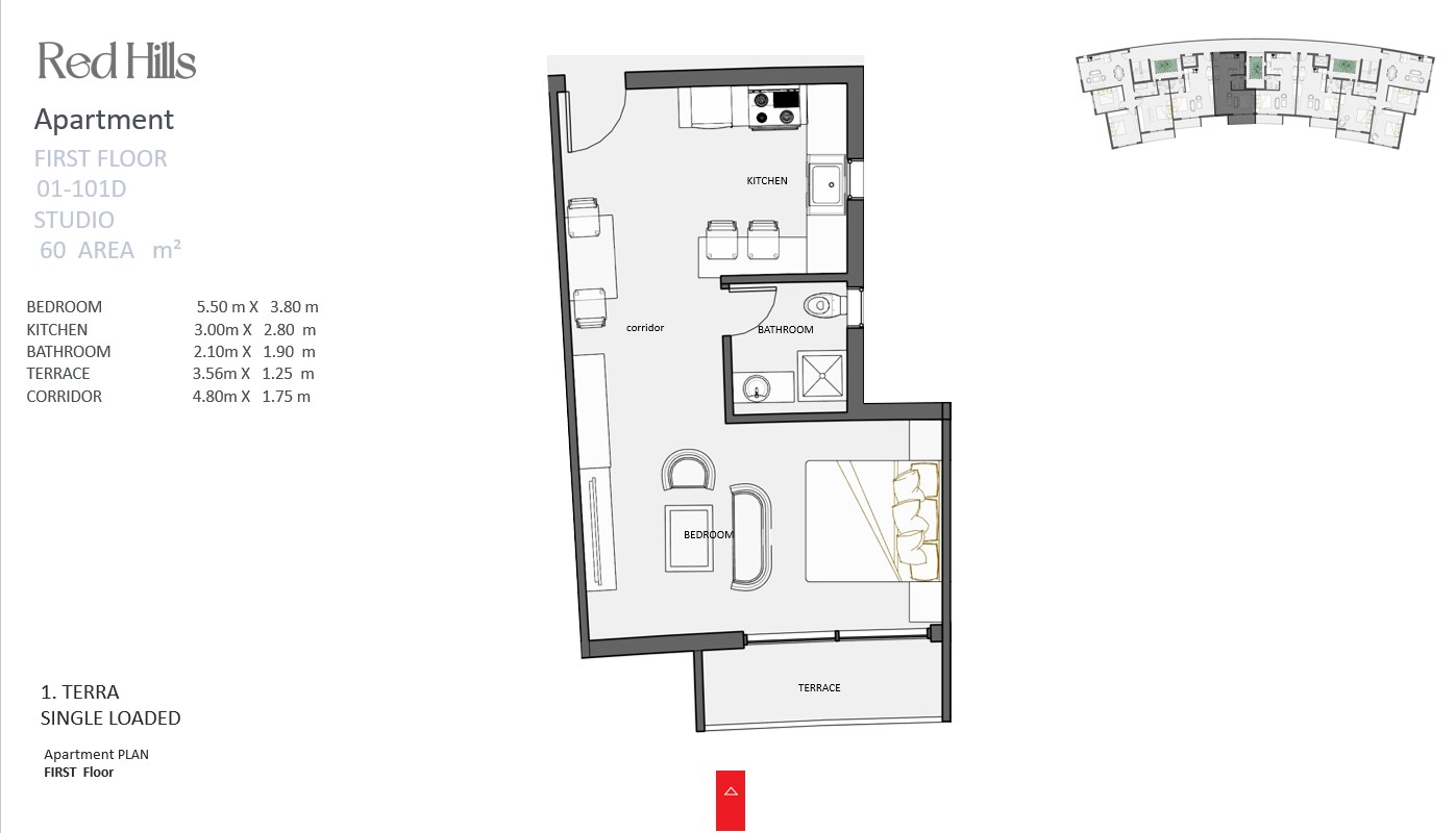 Studio layout at Red Hills Sahl Hasheesh showing modern open-plan living space with bedroom, kitchenette, and bathroom design