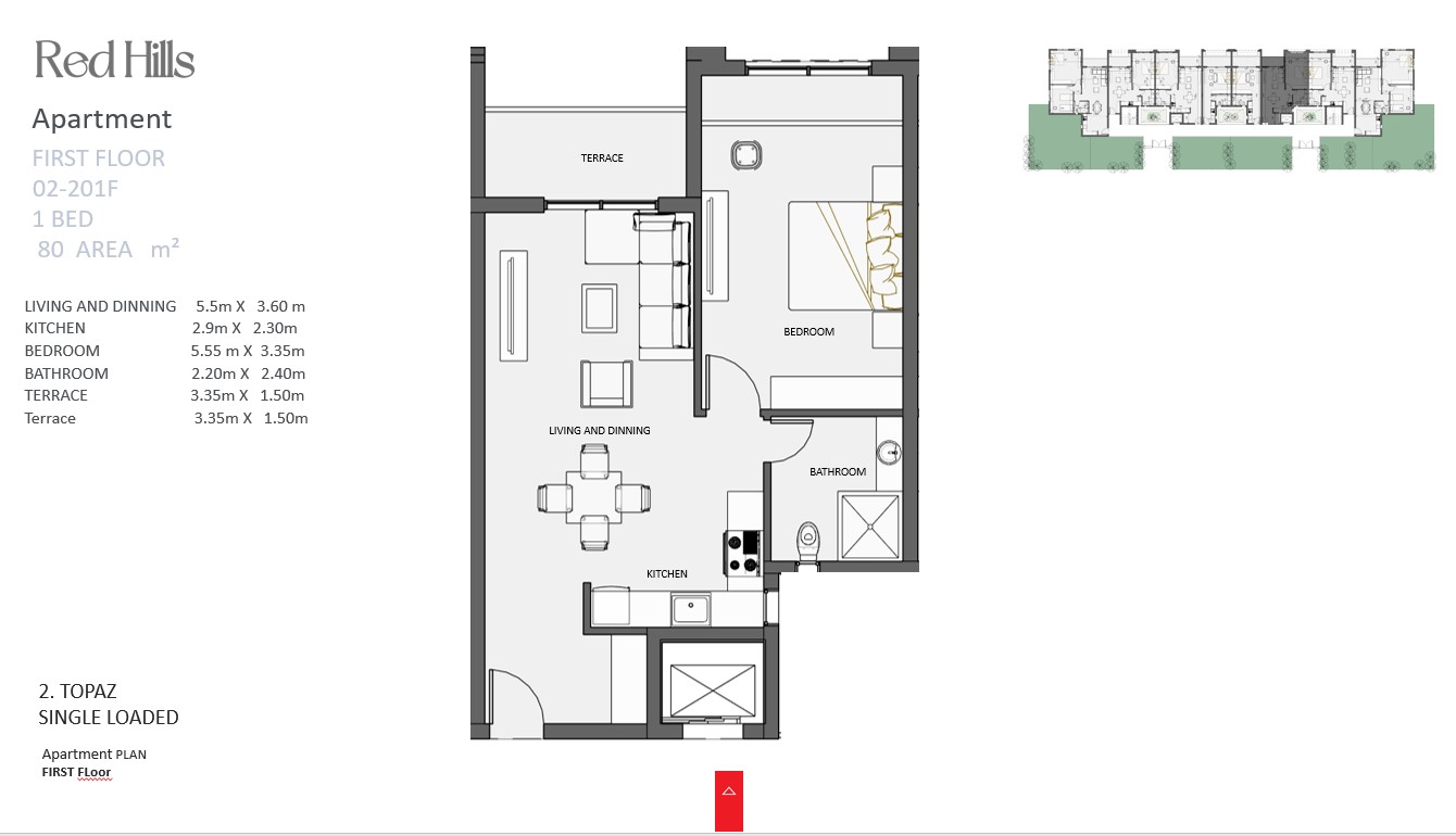1-bedroom layout at Red Hills Sahl Hasheesh showing modern bedroom, living area, kitchenette, and bathroom design