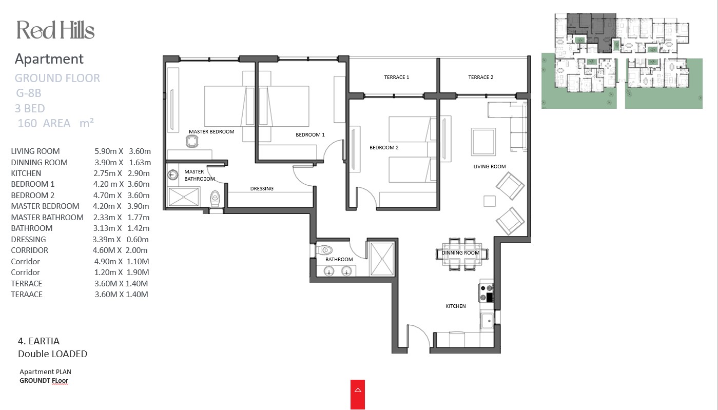 3-bedroom layout at Red Hills Sahl Hasheesh showing three bedrooms, spacious living room, kitchen area, and modern bathroom layout
