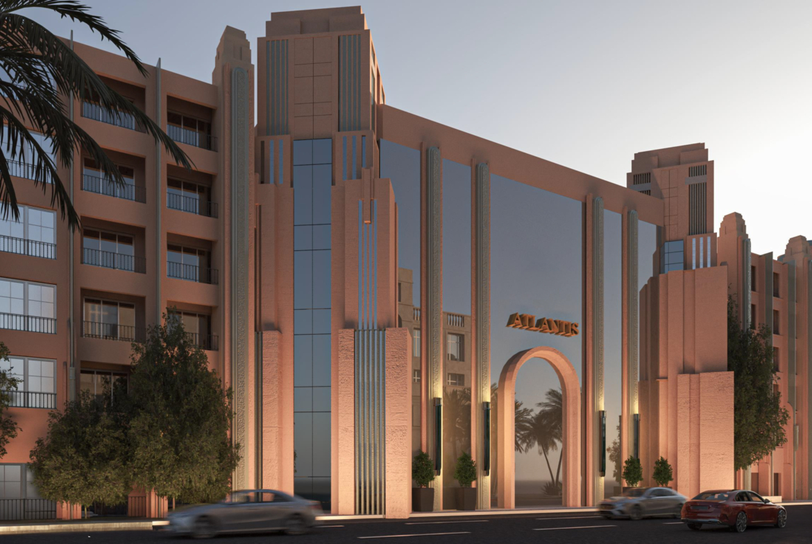 Modern residential buildings and landscaped community areas at Atlantis Resort Hurghada in a coastal Red Sea location
