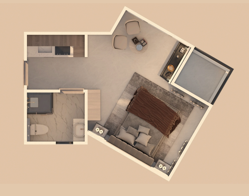 Modern studio layout at Hayat Resort Hurghada featuring open-plan living space, large windows, and natural light