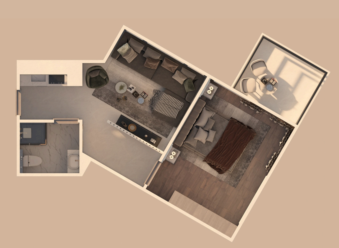 Modern 1 bedroom layout at Hayat Resort Hurghada featuring spacious living area, separate bedroom, and natural light design
