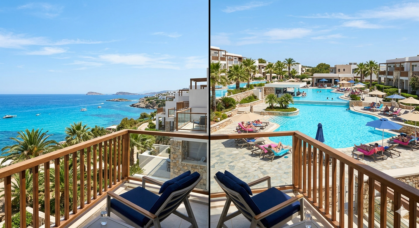 Sea view vs pool view apartments showing coastal scenery and resort swimming pool lifestyle options