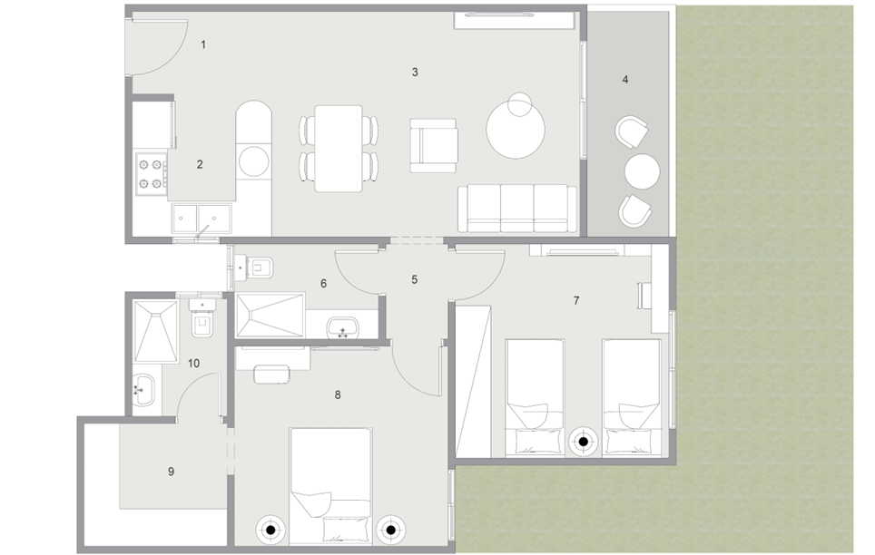 2 bedroom layout at Clan Residents Hurghada showing modern apartment with two bedrooms, living area, kitchen, and functional interior design