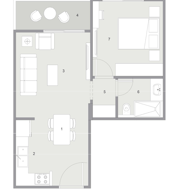1 bedroom layout at Clan Residents Hurghada showing modern living room, bedroom, kitchen, and functional open-plan design