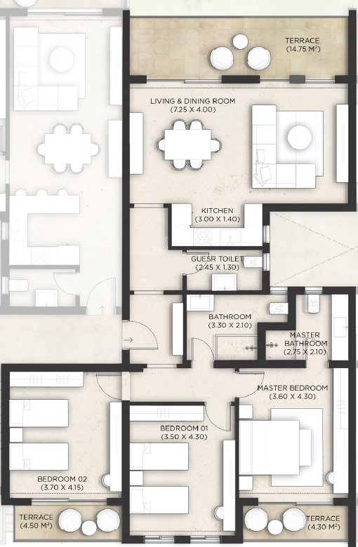 3 bedroom layout at Makadina Makadi Bay featuring spacious interiors, modern design, and luxury coastal living spaces
