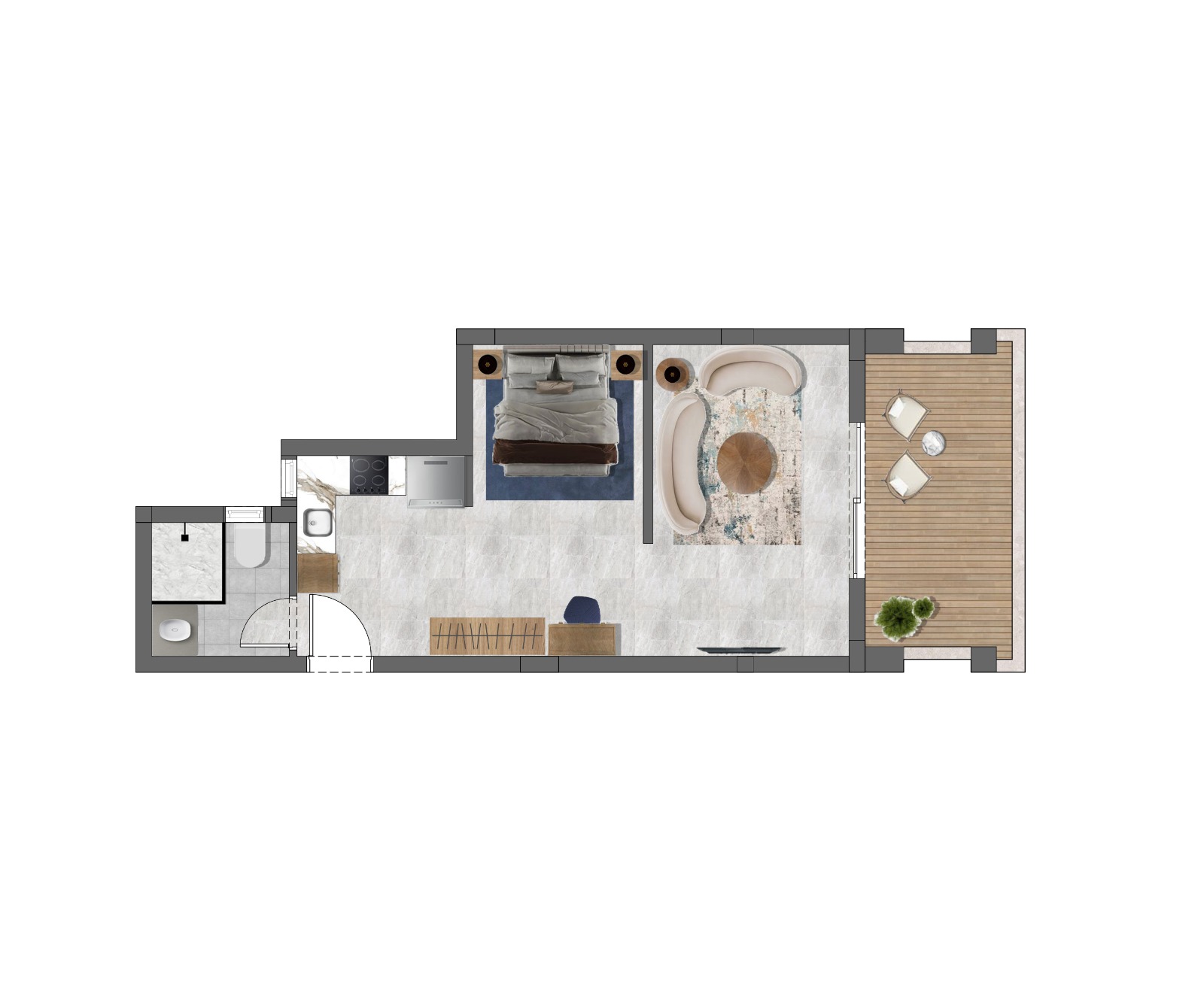 1 bedroom apartment layout at ONE7 Residence Hurghada showing modern floor plan and room distribution
