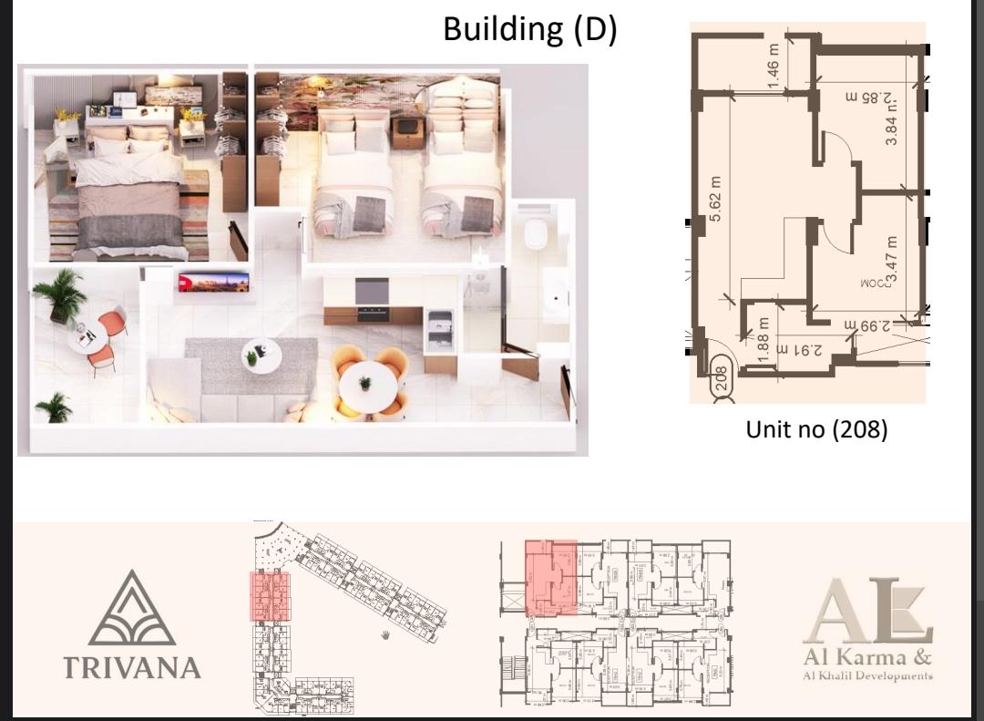 2 bedroom layout at Trivana Resort Hurghada modern apartment floor plan design