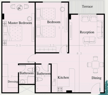 2 bedroom apartment layout at Almeria Hurghada