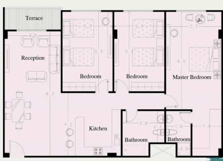 3 bedroom apartment layout at Almeria Hurghada