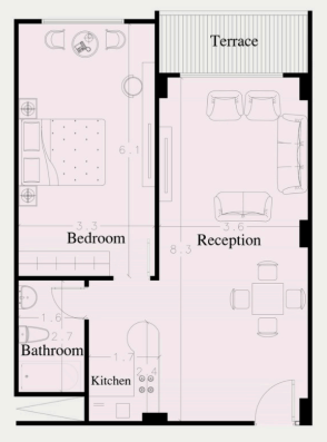 1 bedroom apartment layout at Almeria Hurghada