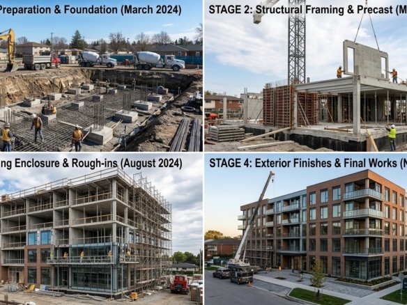 Construction stages of a property from foundation to final finishing
