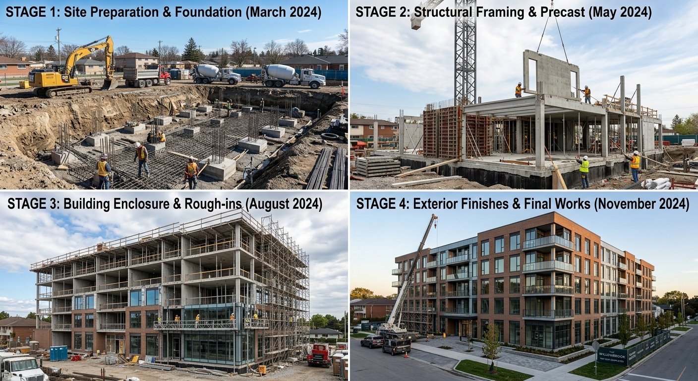 Construction stages of a property from foundation to final finishing